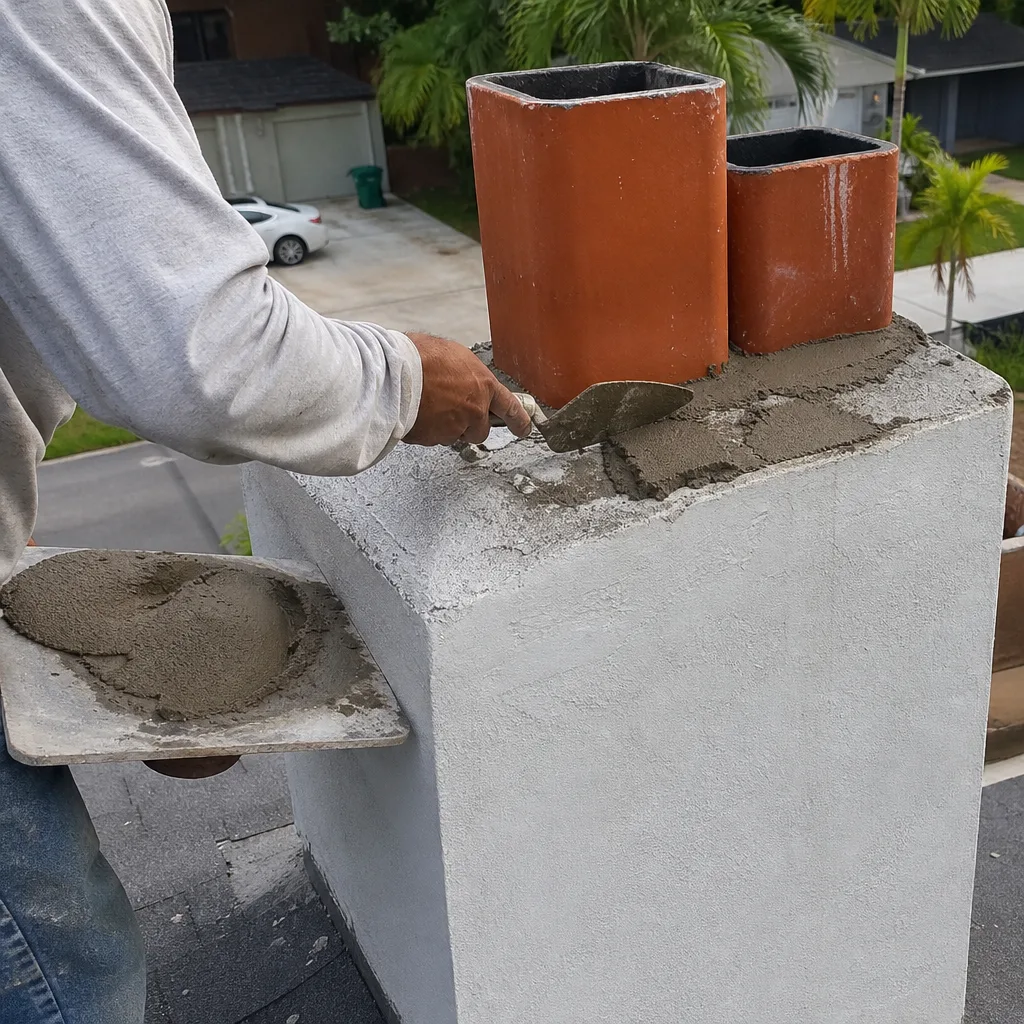 Professional mason applying mortar to repair a chimney structure on a roof