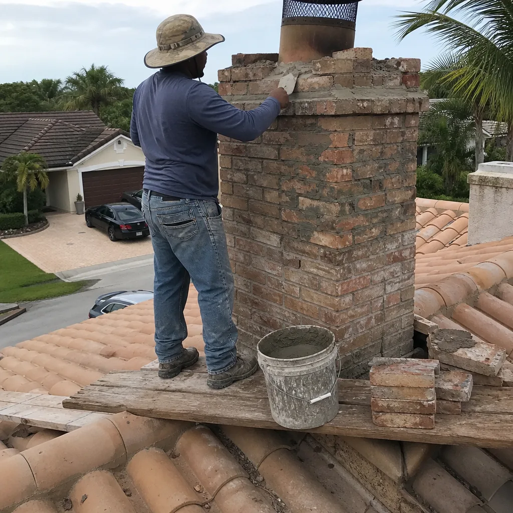 Professional technician performing brick chimney repair and mortar restoration on roof