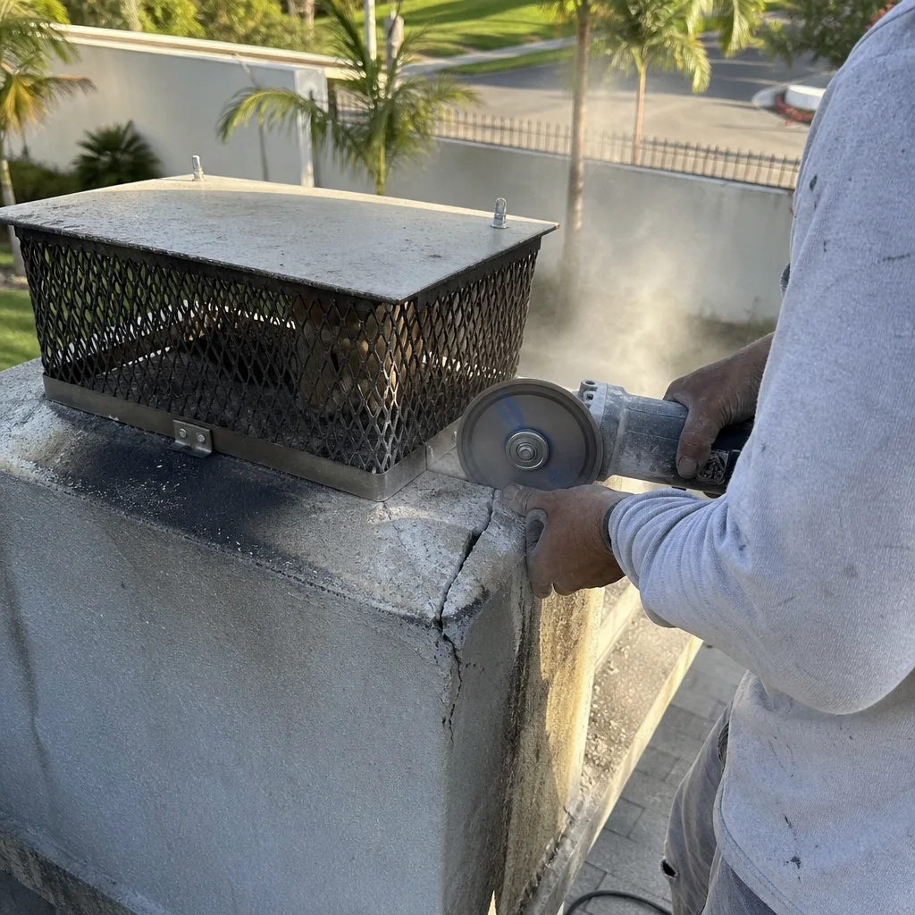 Professional contractor using a power saw to repair a chimney crown