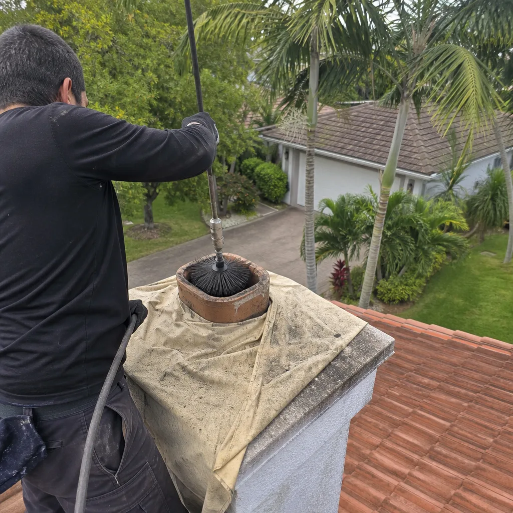 Professional chimney sweep cleaning a residential chimney from the roof