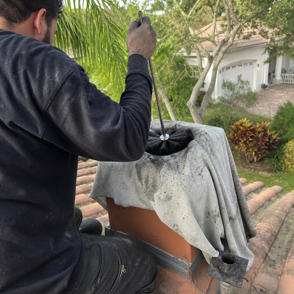 Professional chimney sweep cleaning a fireplace chimney from a tiled roof.
